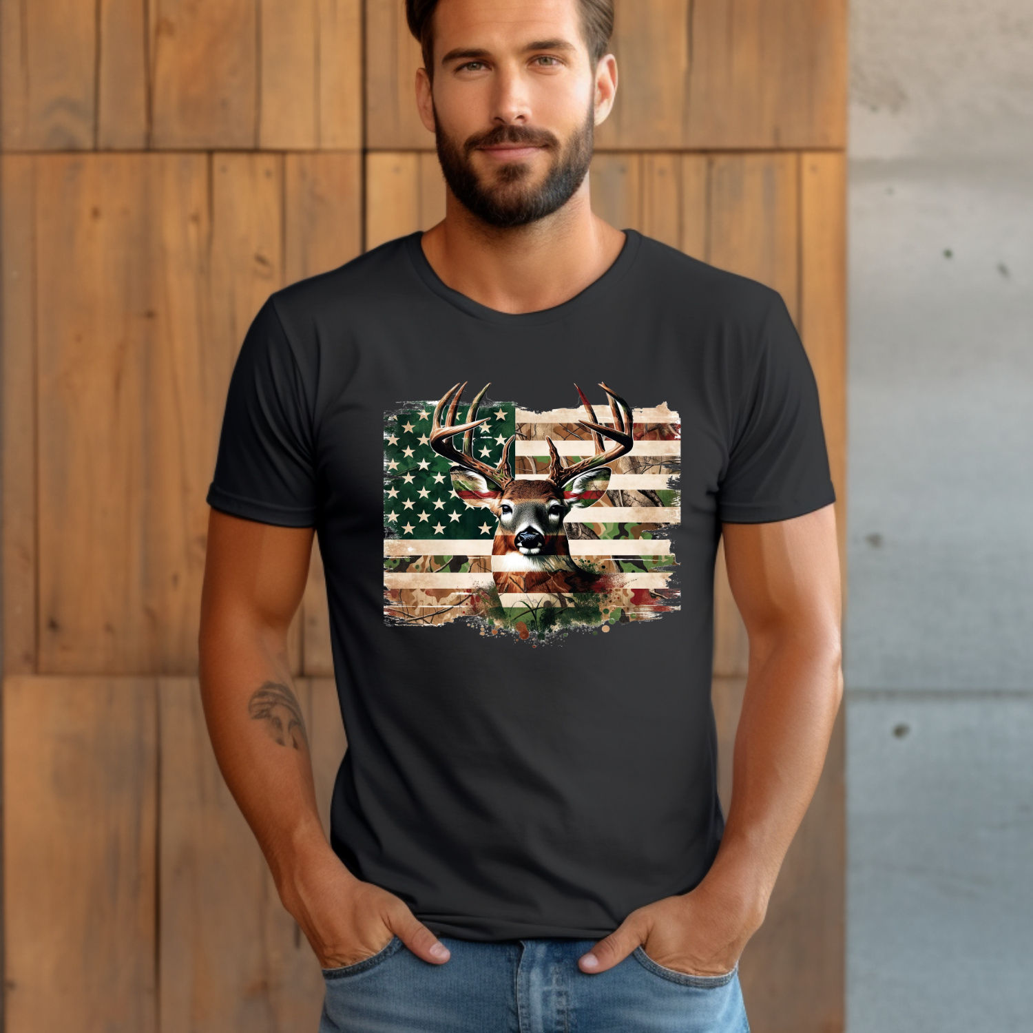 Distressed American Flag Deer Hunting Graphic Tee