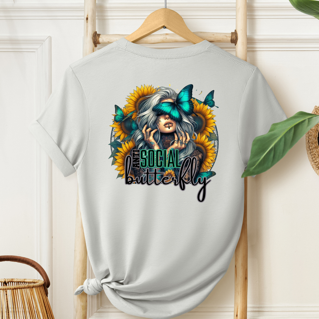 Antisocial Butterfly Tee with Sunflowers and Teal Butterflies