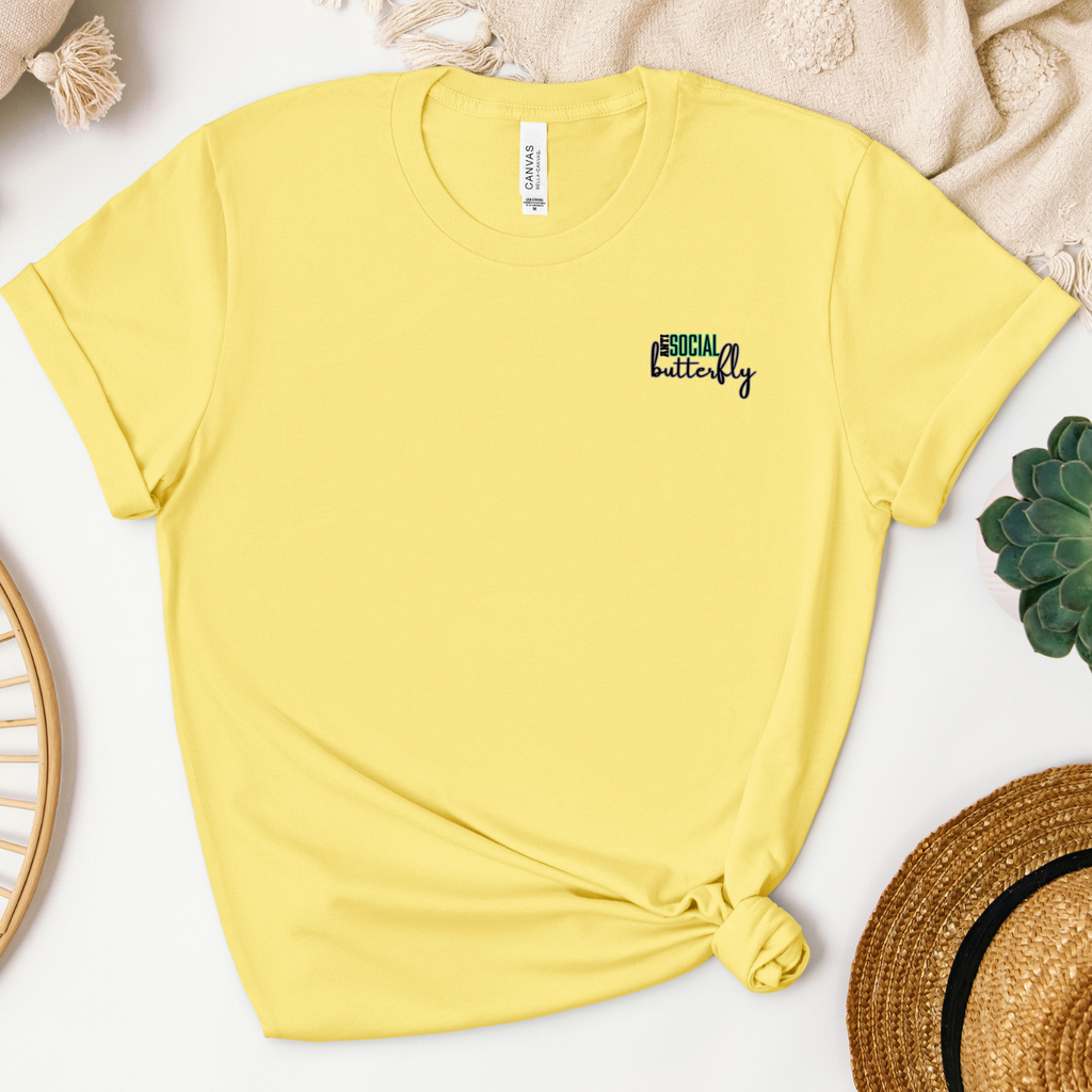 Antisocial Butterfly Tee with Sunflowers and Teal Butterflies