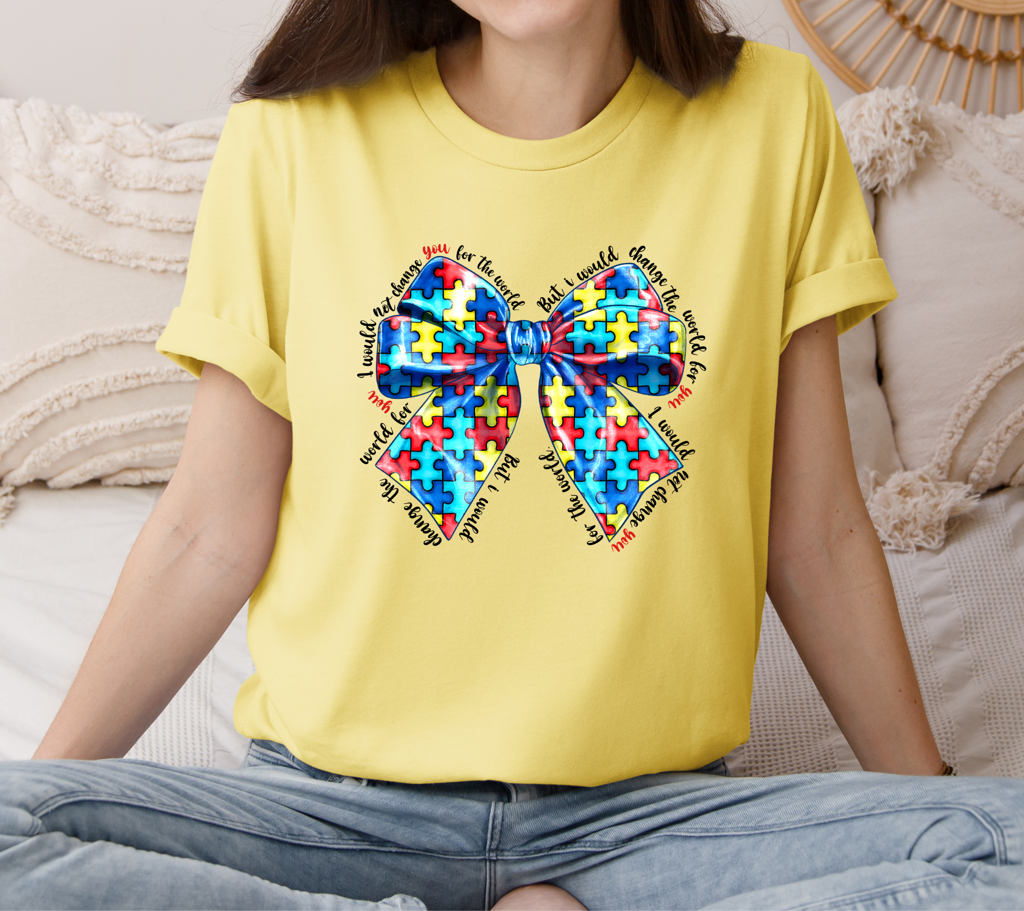 I Would Not Change You for the World, but I Would Change the World For You Autism Support Bow Graphic Tee