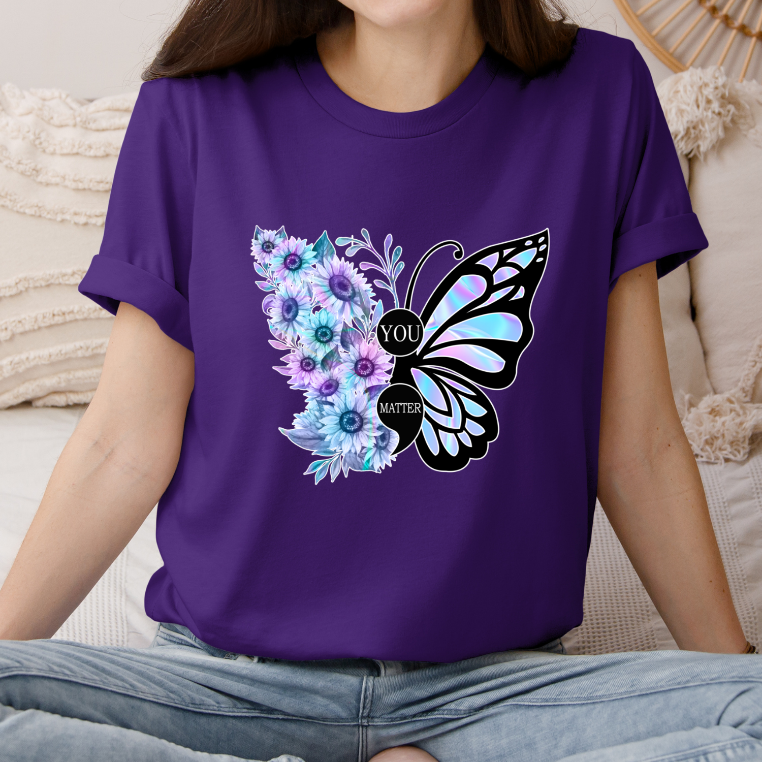 You Matter Mental Health Awareness Butterfly and Flowers Graphic Tee