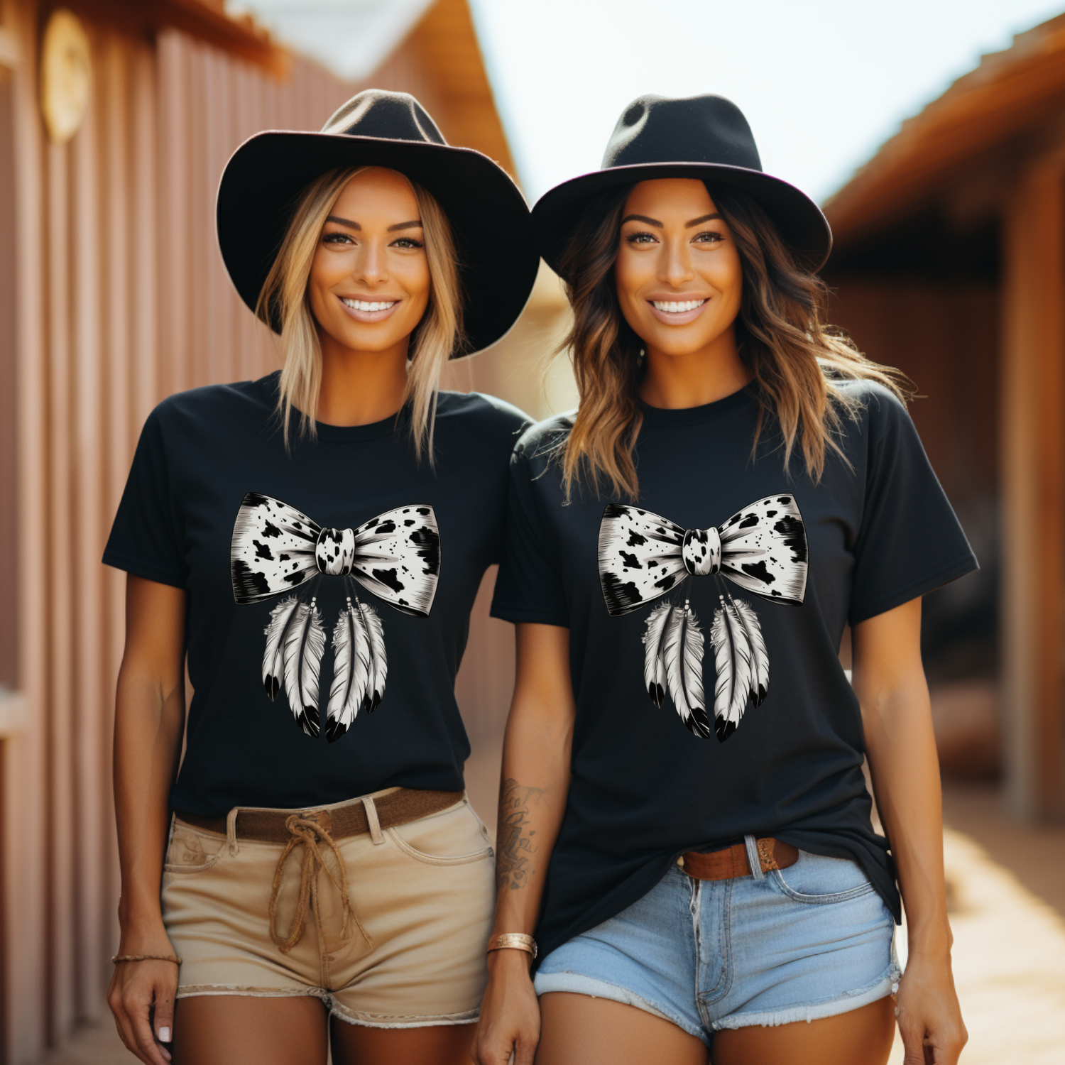 Western Cow Print Bow & Feather Graphic Tee