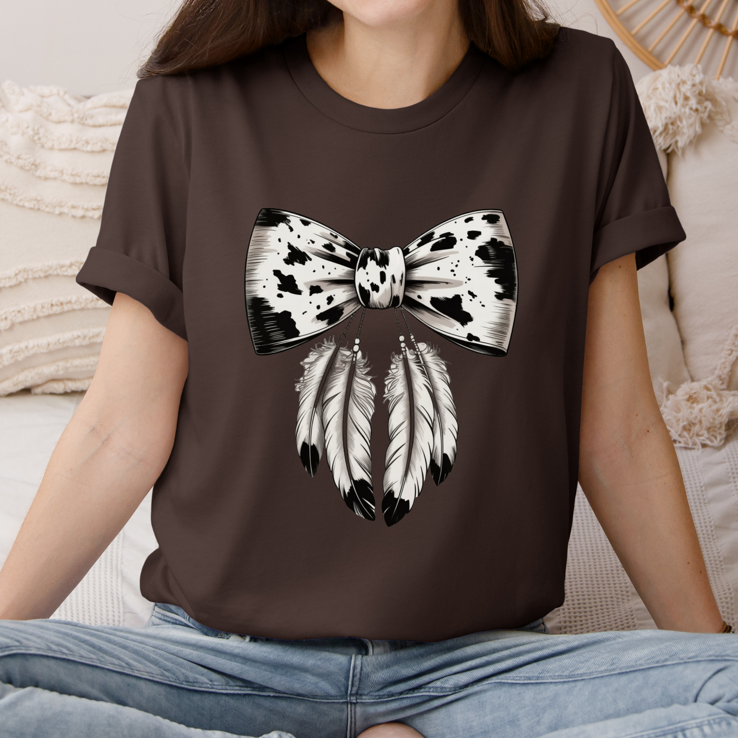 Western Cow Print Bow & Feather Graphic Tee