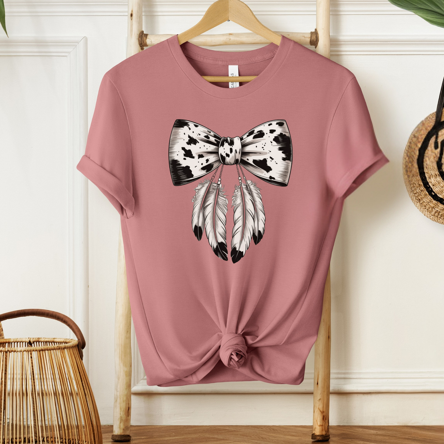 Western Cow Print Bow & Feather Graphic Tee