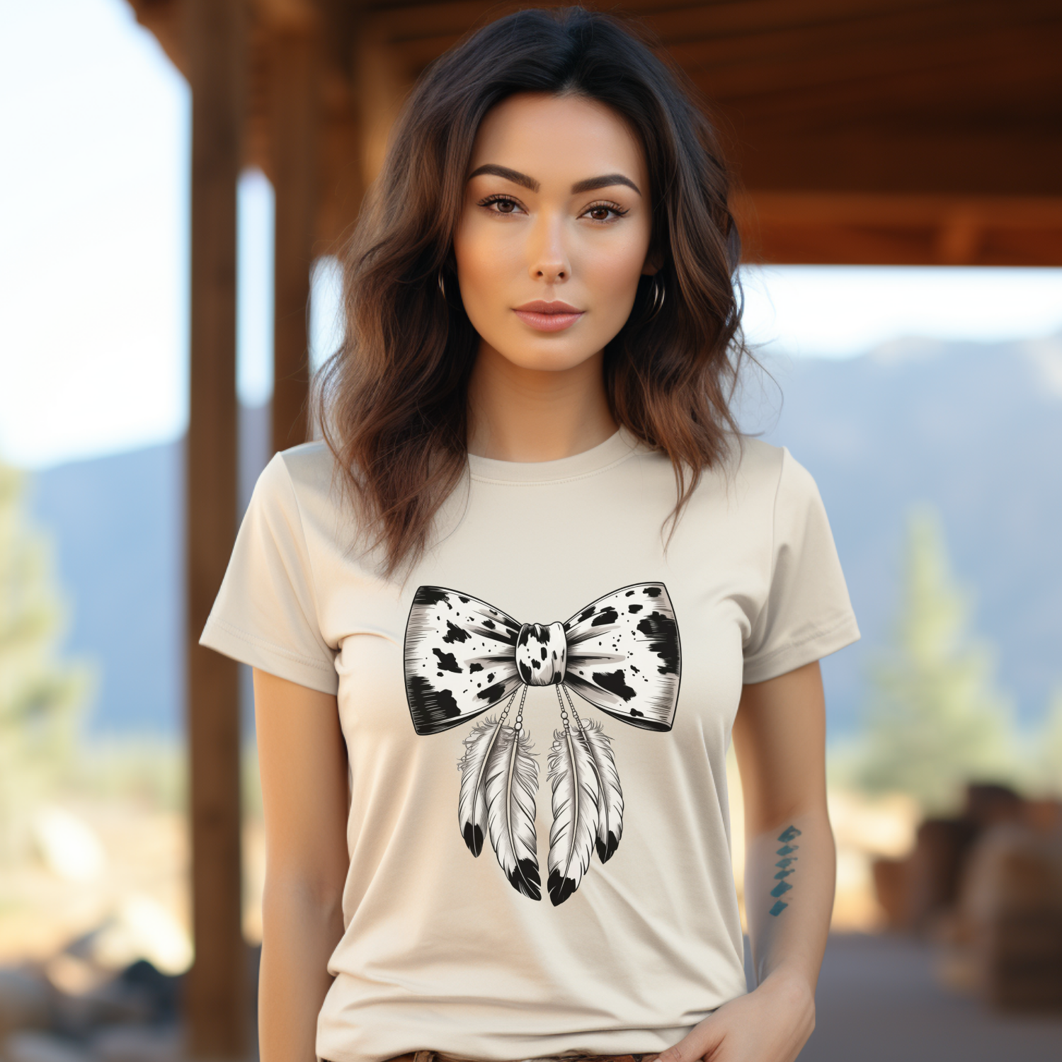 Western Cow Print Bow & Feather Graphic Tee