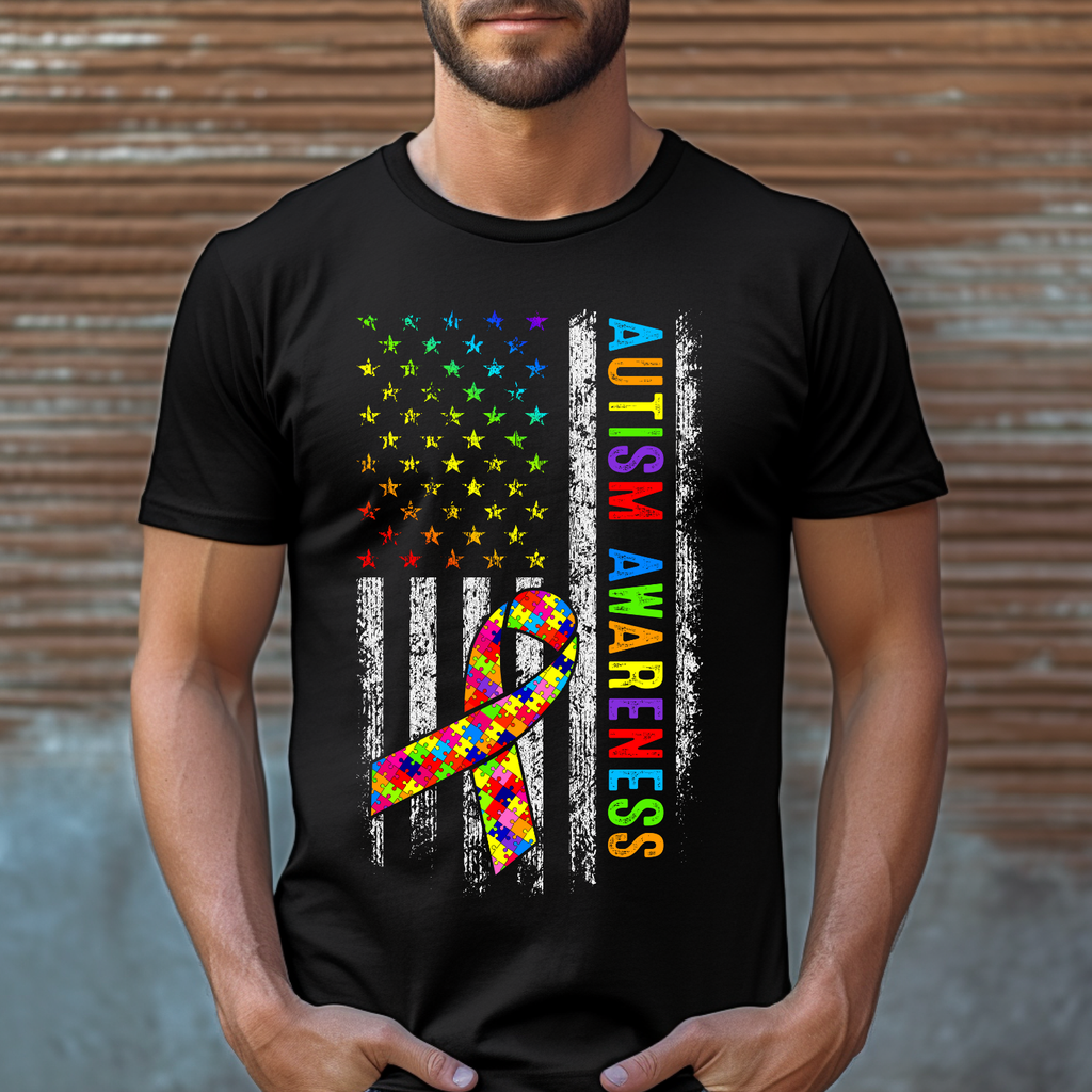 Autism Awareness Distress American Flag Tshirt