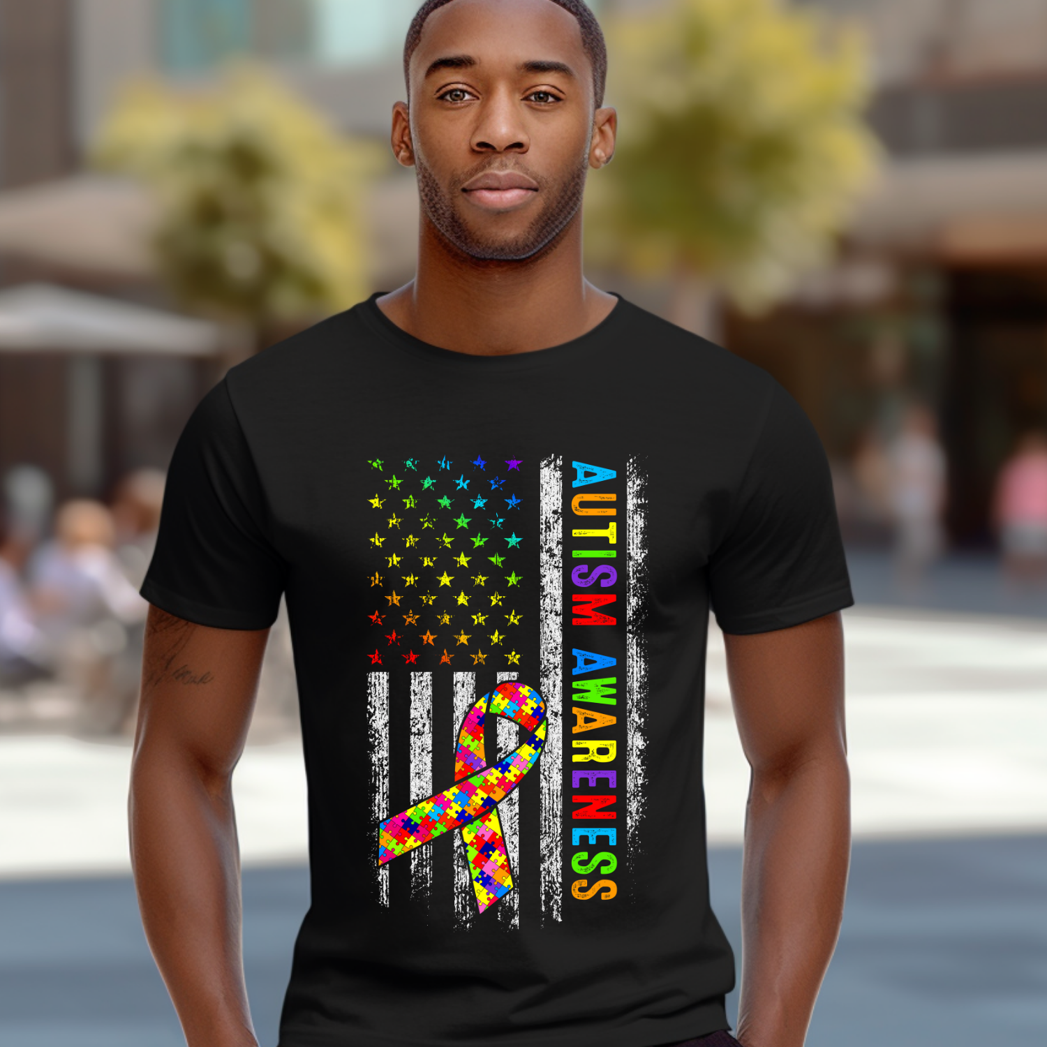 Autism Awareness Distress American Flag Tshirt