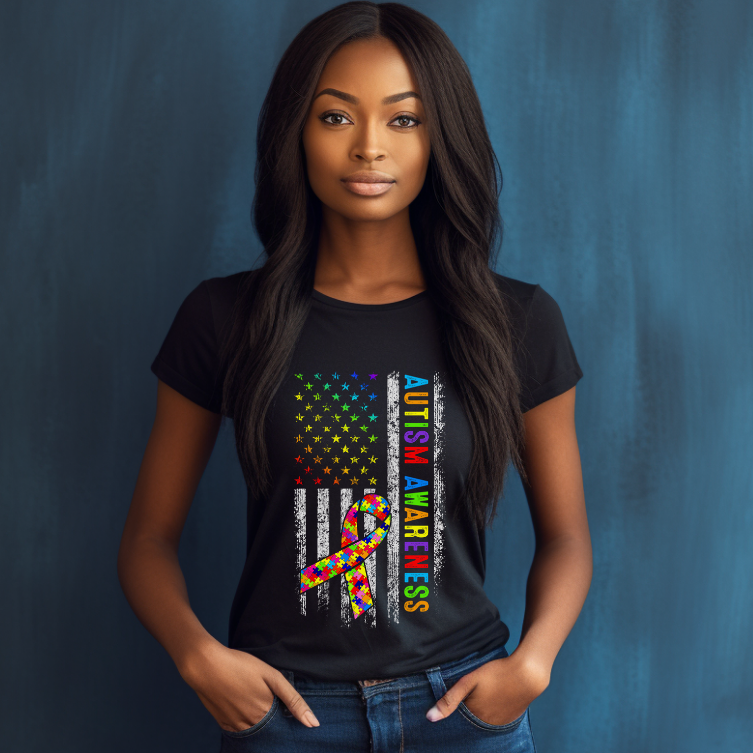 Autism Awareness Distress American Flag Tshirt